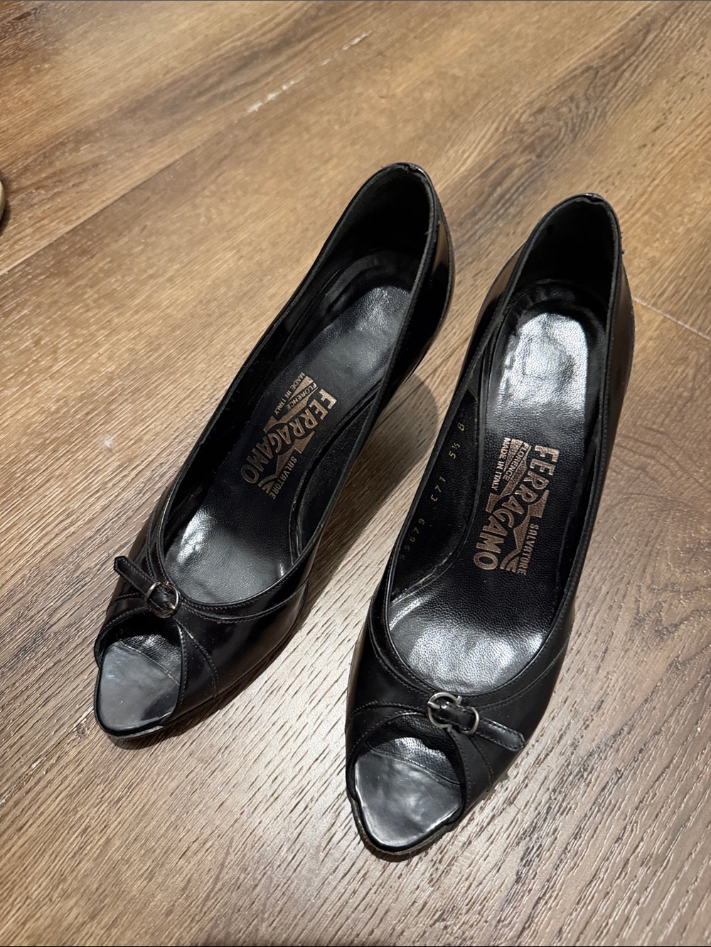 Salvatore Ferragamo Black Leather Peep-Toe Pumps with Logo Accent